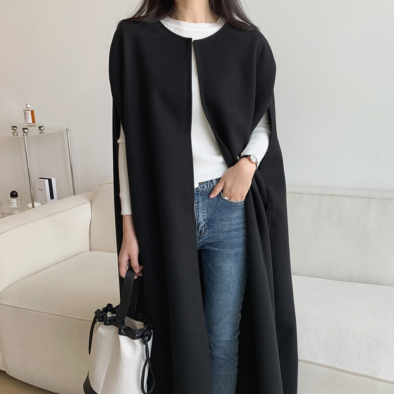 Foreign Trade Women's Clothing Autumn and Winter New Japanese Style Niche Design Loose Cloak Pure Color Mid-Length Woolen Vest Jacket