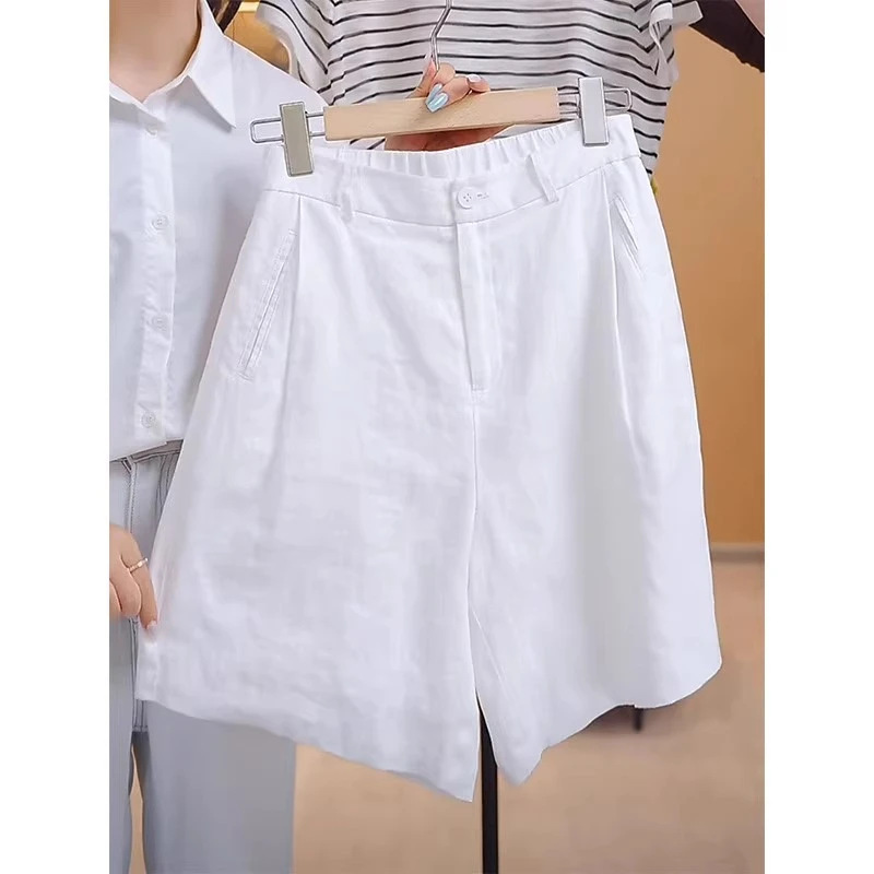 White Tencel Linen Wide-Leg Shorts for Women, Thin, Plus-Size, High-Waisted, Slimming, Outerwear, Linen Material, Five-Point Straight-Leg Pants