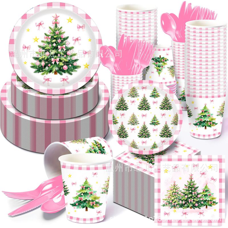 MM369 Pink Christmas Tree Tableware Set for 8 People, 4-Piece Set, Christmas Decoration Paper Plates, Napkins, Paper Cups MM369 Pink Christmas Tree Tableware Set for 8 People, 4-Piece Set, Christmas Decoration Paper Plates, Napkins, Paper Cups