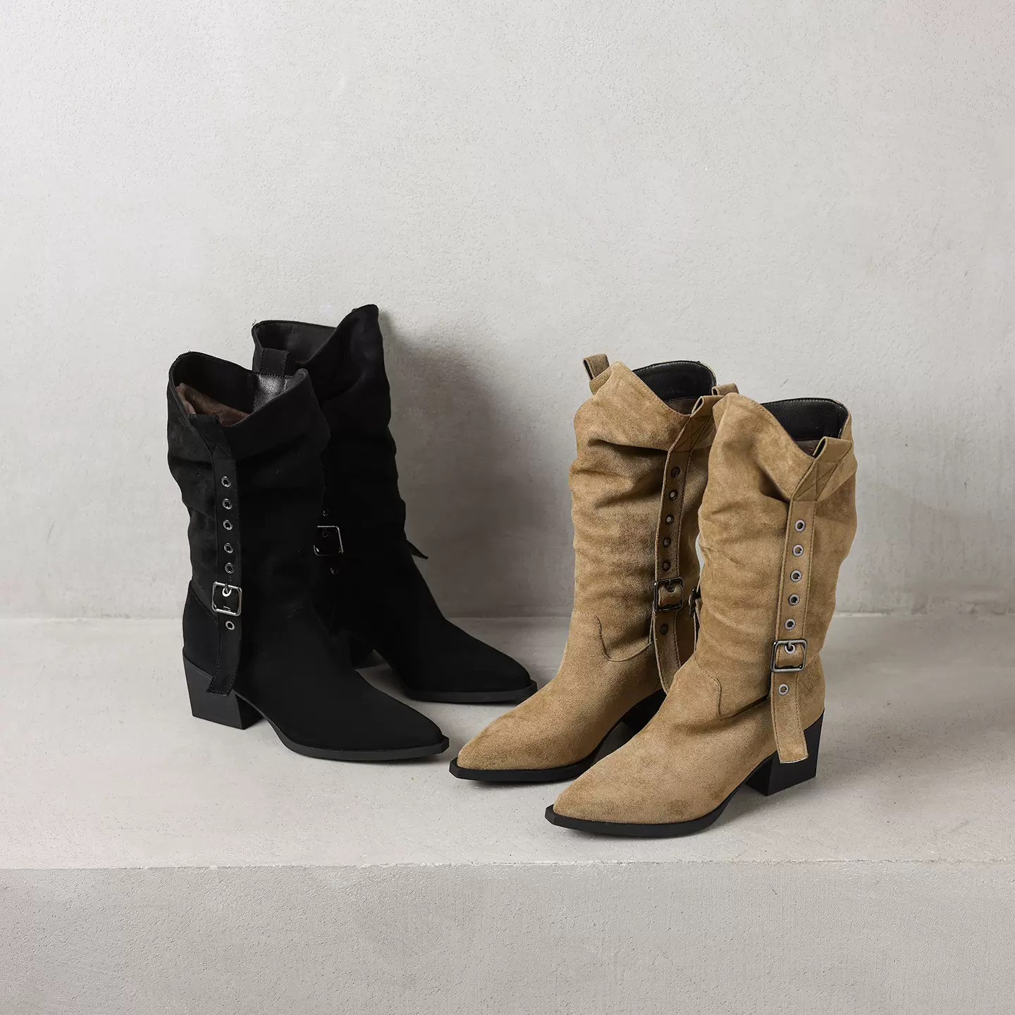 2025秋季绒面尖头骑士靴中筒堆堆靴女款