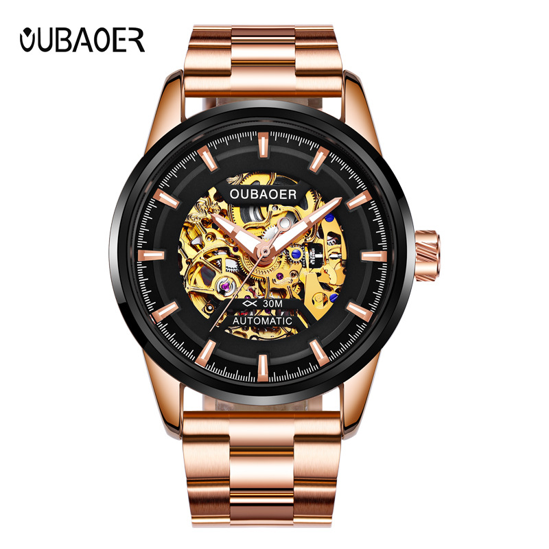 OUBAOER Opel OB2002C hombres reloj mecánico automático industria pesada diseño hueco reloj de acero inoxidable