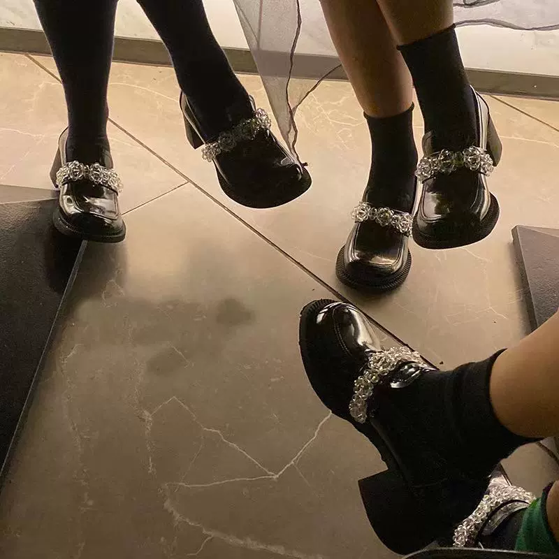 2025网红新款水晶玛丽珍粗跟鞋女复古学院风英伦大头小皮鞋单鞋女