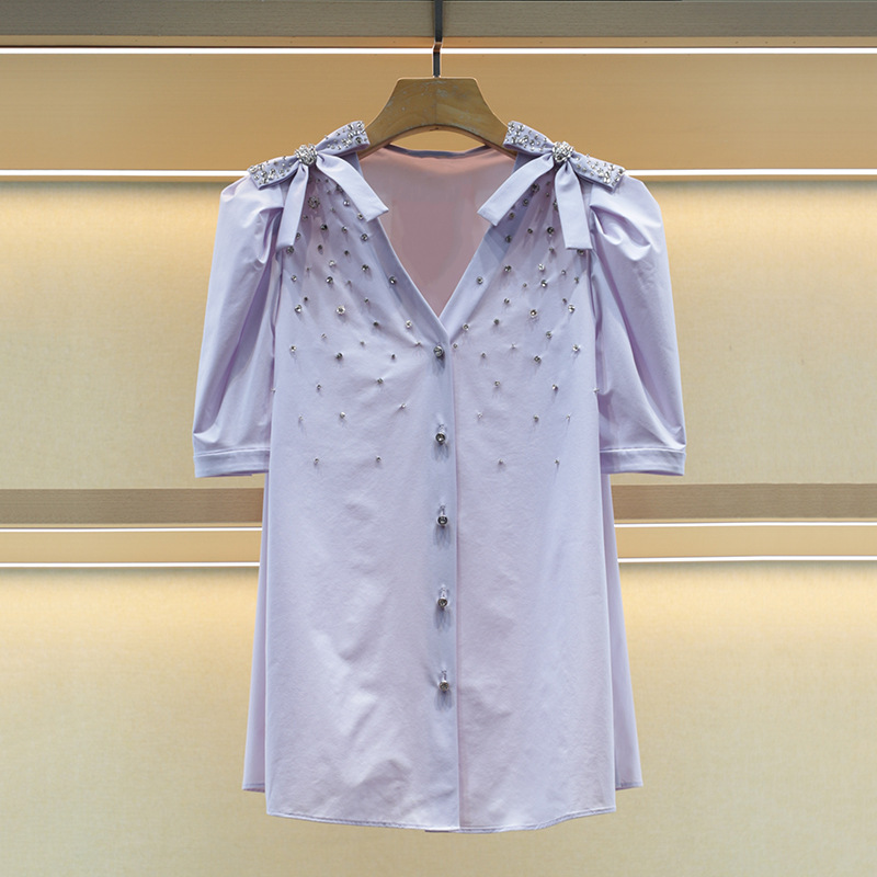 Mo Shu Wei Ya 2024 Autumn New V-Neck Bubble Sleeve Bow Seam Diamond Single-breasted Top Shirt Women 4303E