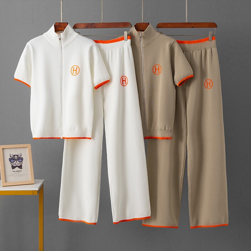 Cross-Border Summer Outfit New Style Zip-Up Cardigan Knitted Short-Sleeve Top + Casual Sports Wide-Leg Pants Two-Piece Set for Women Cross-Border Summer Outfit New Style Zip-Up Cardigan Knitted Short-Sleeve Top + Casual Sports Wide-Leg Pants Two-Piece Set for Women