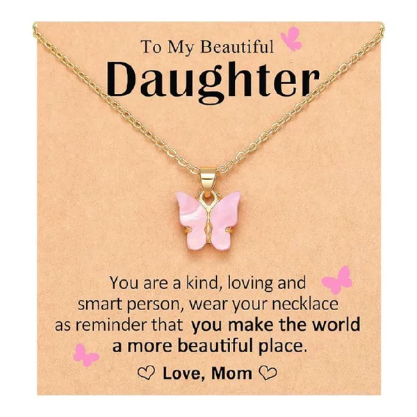European and American Cross-Border Best-Selling Pink and Purple Butterfly Pendant Gold Chain Women's Necklace with Card for Sisters