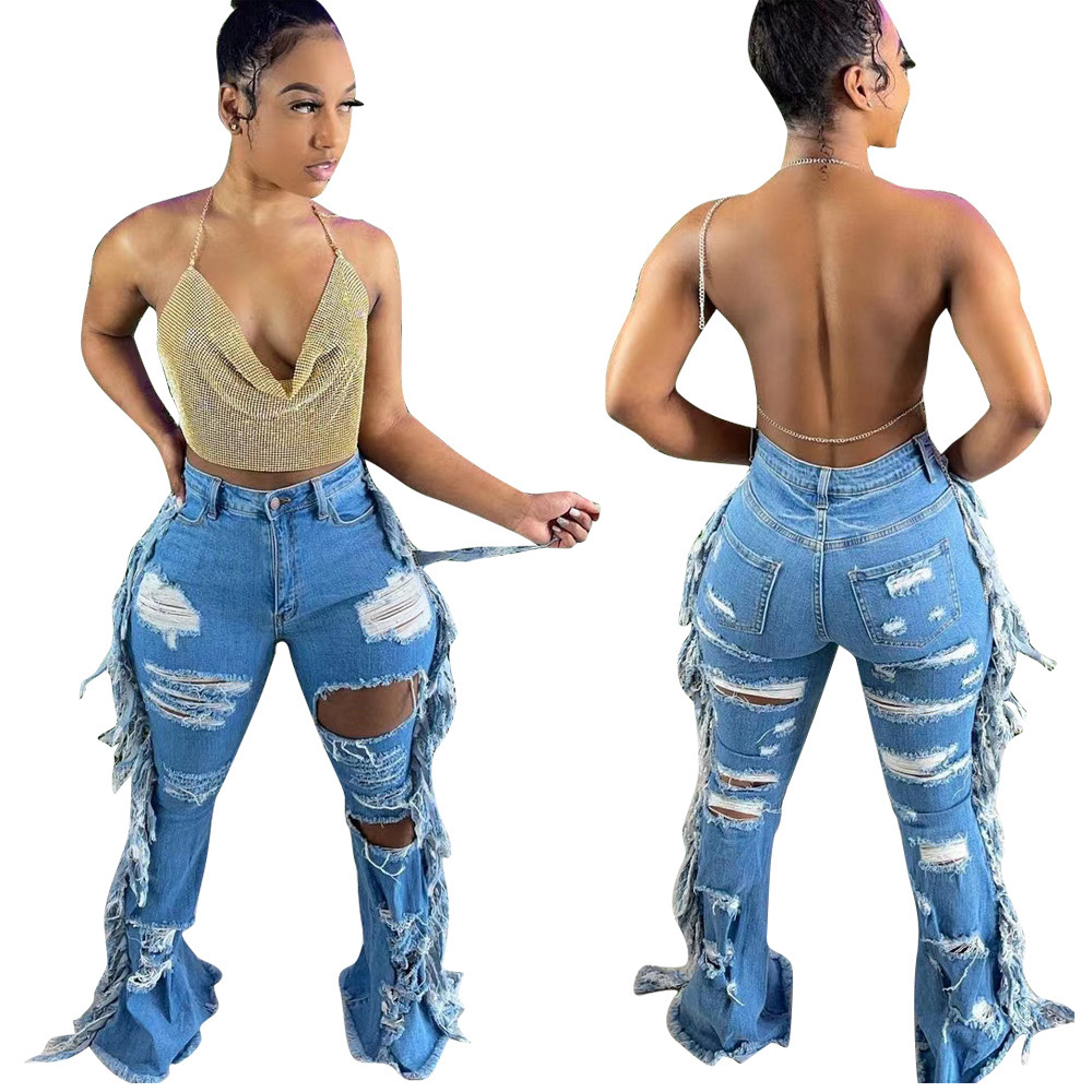 Vintage jeans med hög midja för damer med fransad kant_voghion.com