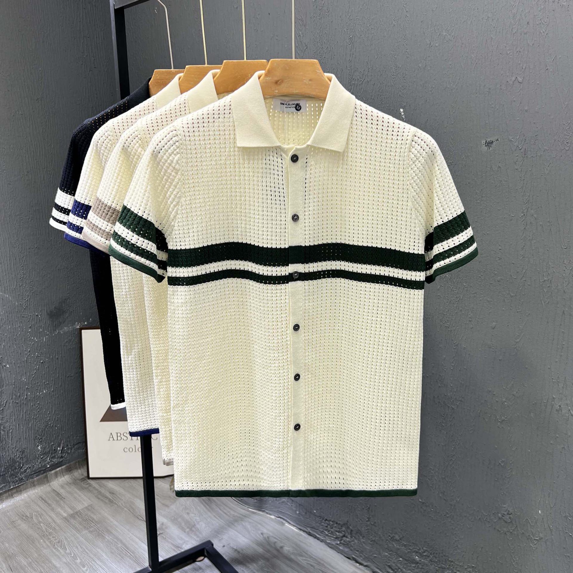 Polo camiseta de punto camiseta de manga corta hombre cardigán agujero rayas viejas camisetas casuales de verano fábrica transfronteriza mayorista
