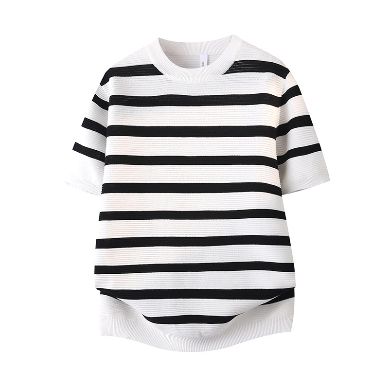 Camiseta de punto a rayas de cuello redondo de manga corta para hombres de color antiguo estilo de negocios de seda de hielo al por mayor fábrica transfronteriza