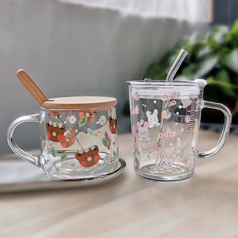 Ins Glass Straw Milk Breakfast Cup Cute Cartoon Scale Cup with Lid Spoon Gift Printed Logo