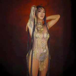 European and American cross-border fashion popular golden mesh stretch rhinestone tassel skirt bar gogo stage performance clothing