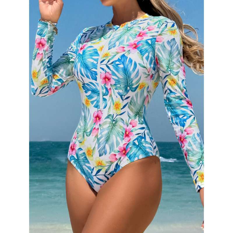 European and American Long-Sleeved One-Piece Swimsuit for Women, Sun Protection and Slimming, Seaside Surfing Suit, Vacation Cross-Border Tight Swimsuit for Women