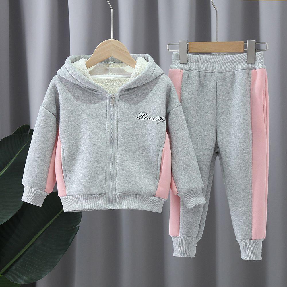 Girls' Fleece-Lined Thick Lambswool Suit Set, 2024 New Stylish Winter Style, Children's Fleece-Lined Warm Complete Sports Suit