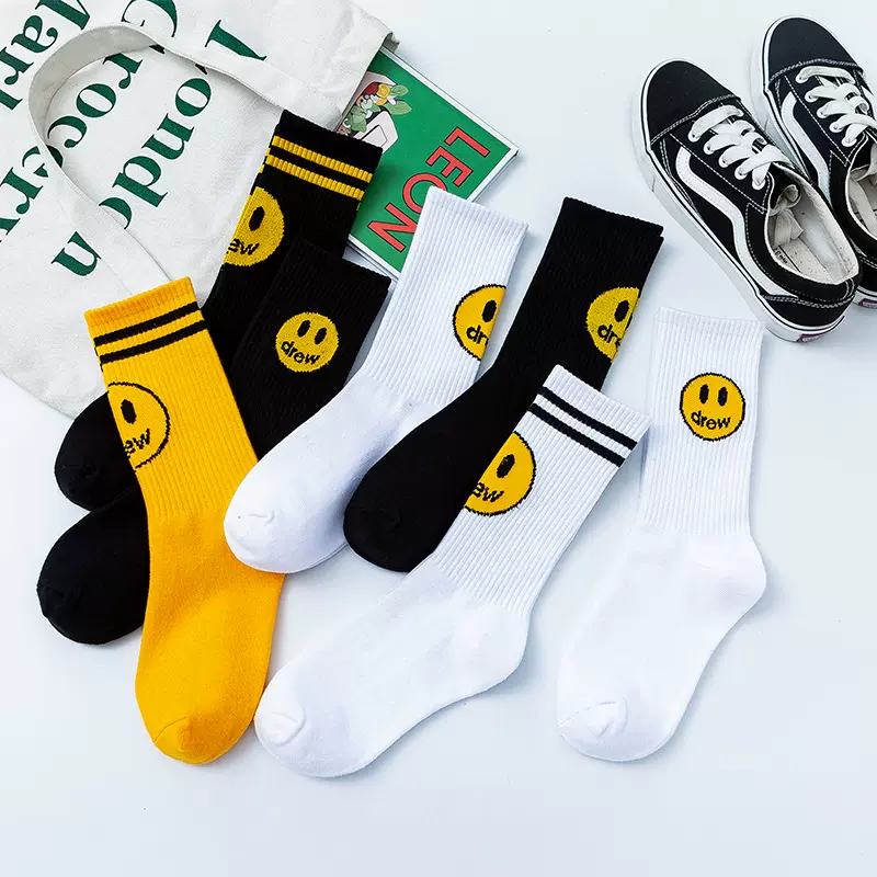 潮牌drew贾斯丁比伯同款男女笑脸纯色棉袜中筒欧美街头滑板袜子