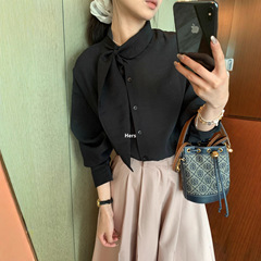 Hers 韩系博主款减龄气质设计感围巾领长袖衬衫女士衬衣秋装92031