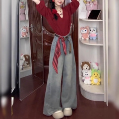 早秋穿搭设计感红色圆领镂空半袖衬衫上衣高腰宽松阔腿裤套装
