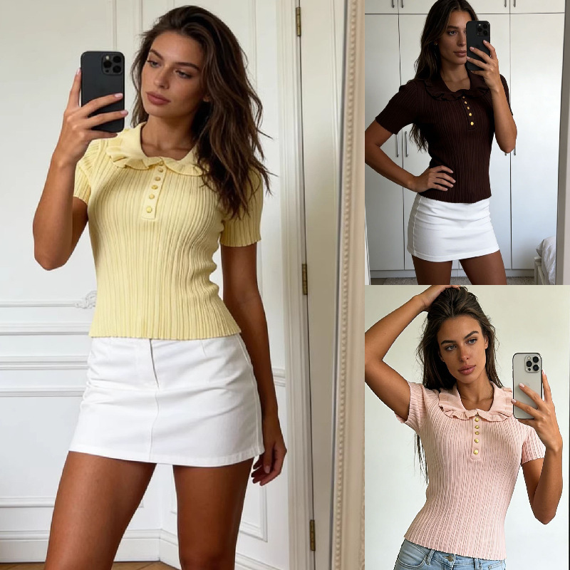 Cross-Border Supply Amazon Casual Resort Style Doll Collar Ribbed Button Knitwear Short-Sleeved Slim-Fit Solid Color Top