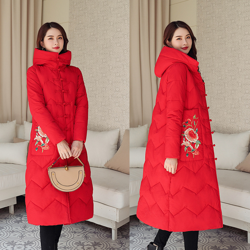Chinese Style Cotton-padded Coat Women's 2021 Autumn and Winter Embroidered Cotton-padded Coat Knee-long Loose Cotton-padded Coat Ethnic Style Square Dance Coat Chinese Style Cotton-padded Coat Women's 2021 Autumn and Winter Embroidered Cotton-padded Coat Knee-long Loose Cotton-padded Coat Ethnic Style Square Dance Coat