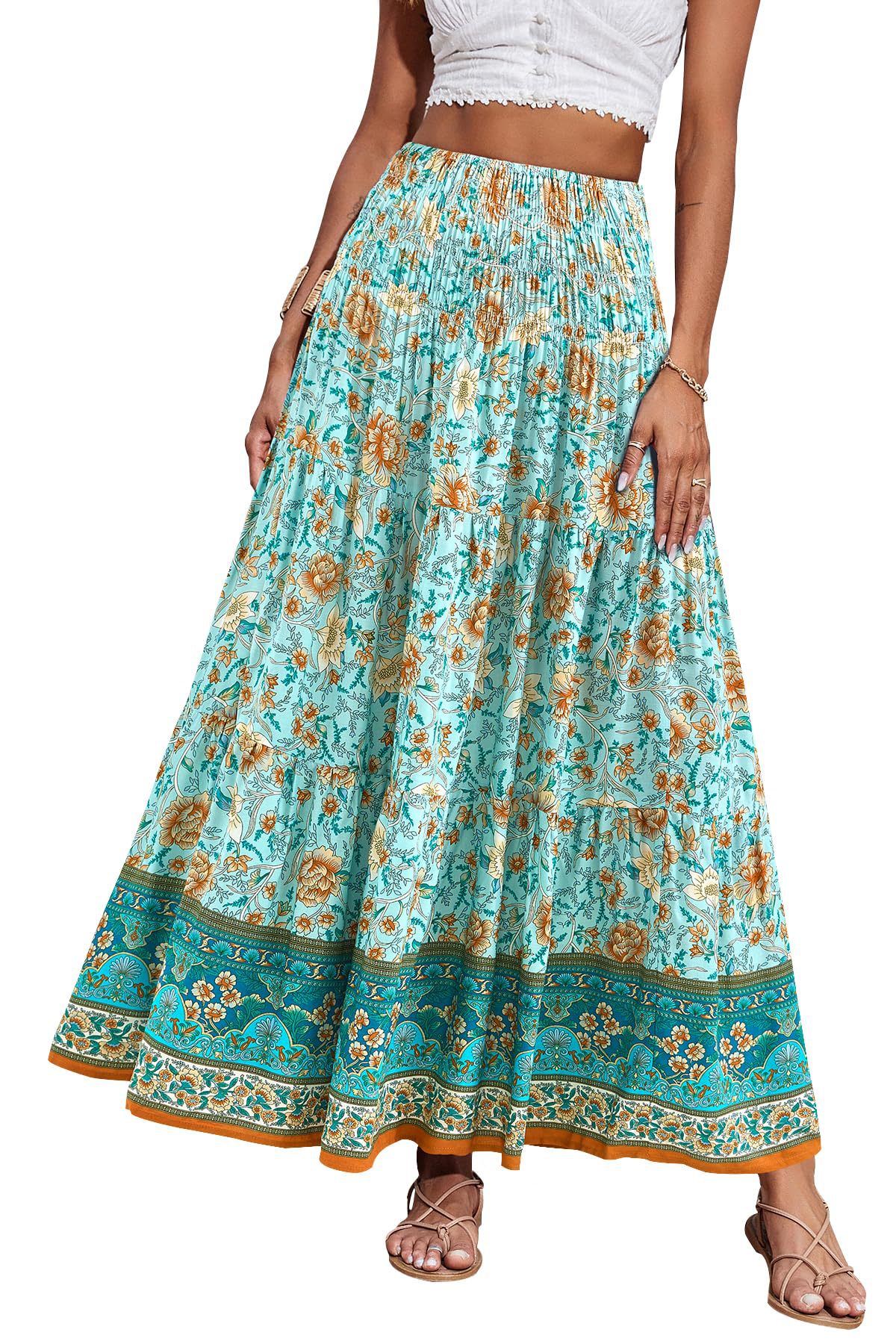 New European And American Printed Flared Bohemian Casual High-waisted Long Skirt, Beach Skirt For Women_ecoleips.com