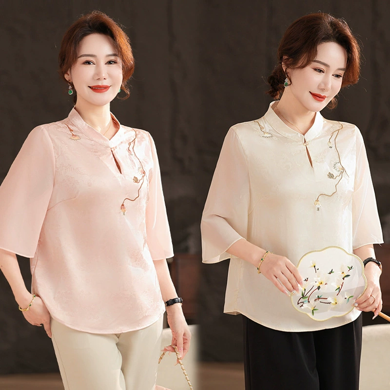 Женская одежда 2025, рубашка весна-осень, новый стиль, свободные топы для женщин среднего и пожилого возраста, вышитые рубашки для пожилых, мода
