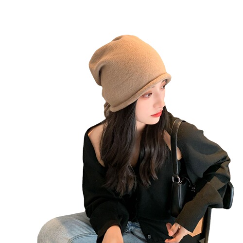 Korean style large head circumference drawstring knitted pile hat for women curled pullover cold hat showing face small Baotou confinement hat