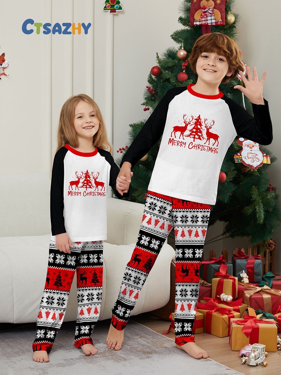 Robe de famille de Noël imprimée, pyjama, robe de maison, lettres de flocon de neige, Père Noël, cerf_voghion.com