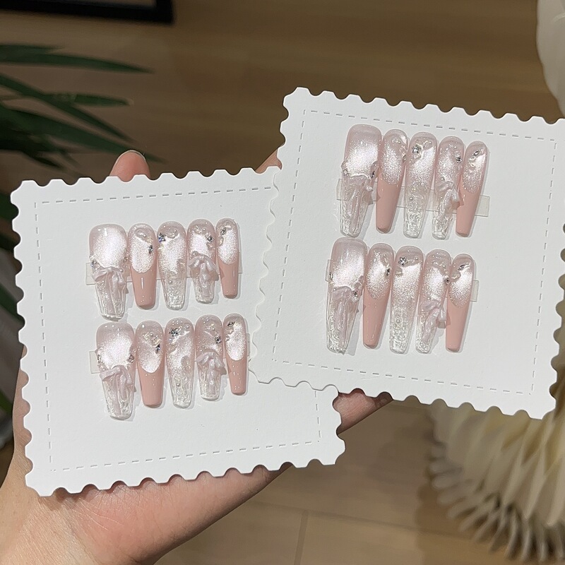 Yizhigu [Silk Girl] Korean-style pink French translucent white silk bow with dazzling cat-eye effect, handmade press-on nails