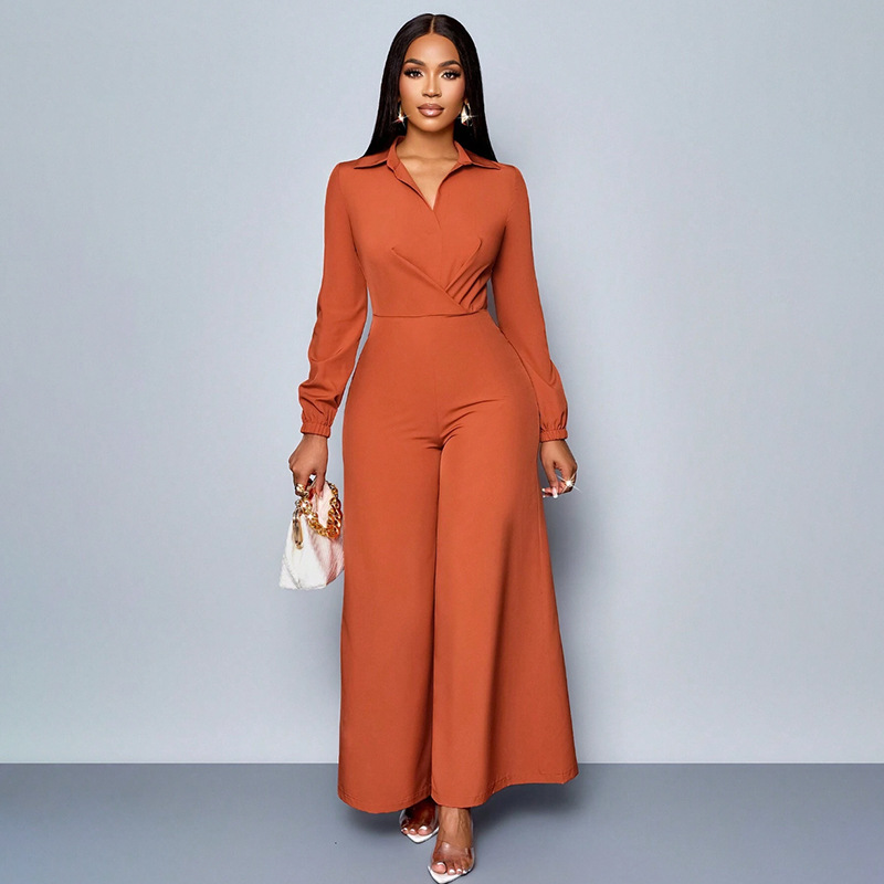 2025 otoño nuevo comercio exterior Europa y Estados Unidos ropa de mujer de color sólido manga larga collar cintura delgada piernas anchas pantalones