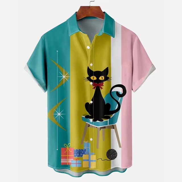 2025 Men's and Women's Cross-Border Style Men's Summer Shirt with Egyptian Cat 3D Pattern, Summer Shirt with Turn-Down Collar and Short Sleeves