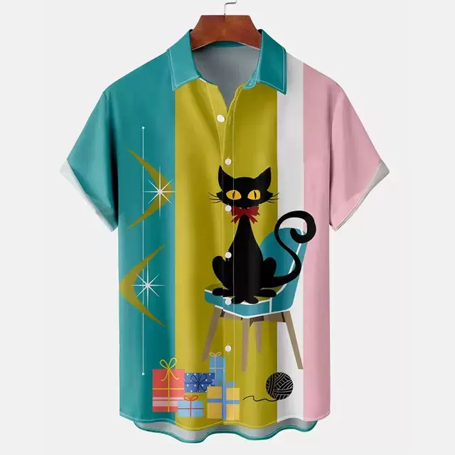 男式夏季衬衫埃及猫3d图案夏季衬衫翻领短袖上衣2024男女式跨境款