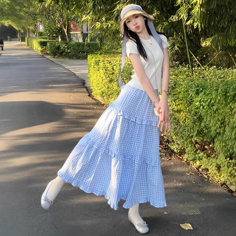 Blue Plaid Skirt for Women 2025 New Summer High-Waist Slimming Look A-Line Large Hem Mid-Length Cake Tutu Skirt