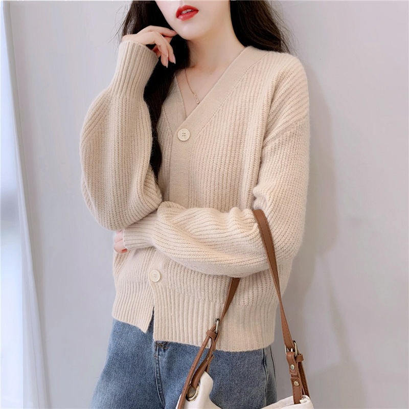 French V-Neck Candy Color Long Sleeve Cardigan Women's Loose Knit Sweater Coat Casual Elegant Outerwear_ecoleips.com
