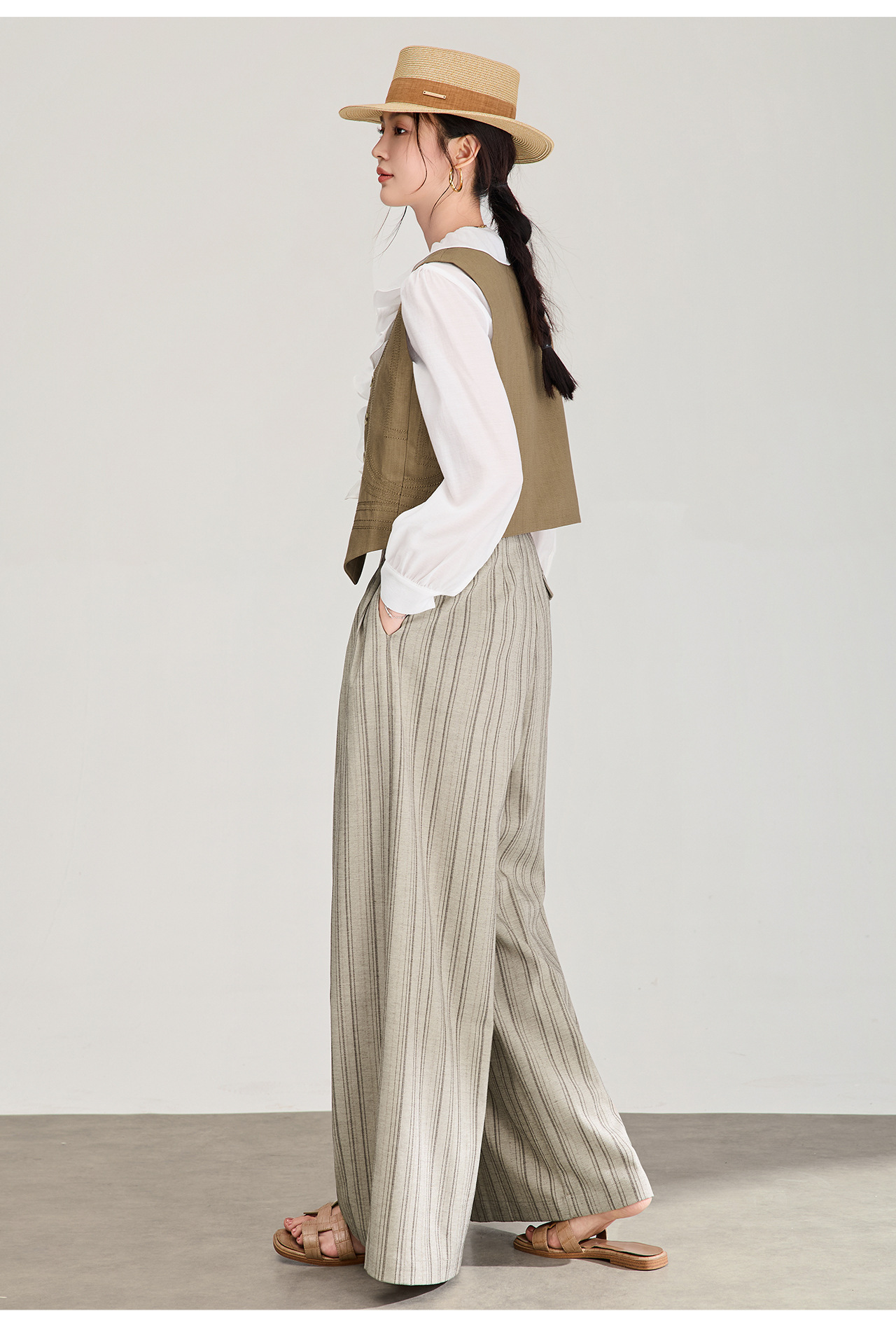 Áo khoác gile không tay cổ chữ V phối lớp phong cách cổ điển chất liệu vải lanh pha sợi Tencel — Màu cà phê chi tiết 25