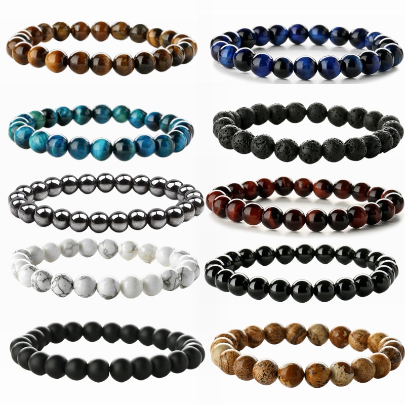 Cruz-frontera 8mm blanco turquesa cuentas pulsera colorido Ojo de Tigre piedra volcánica ágata hecha a mano pulsera de cuentas