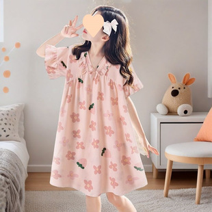 Girls Nightgown Ice Silk Summer Thin Short-Sleeved Girls Nightgown Dress Sweet Princess Style Kidsren's Home Clothes for Middle and Large Kidsren