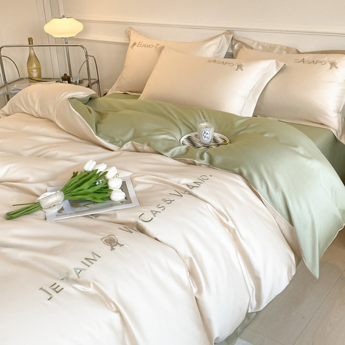 A-class 180-count Xinjiang long-staple cotton four-piece set, luxury 100% pure cotton, bare sleep all-cotton simple embroidery duvet cover and bed skirt