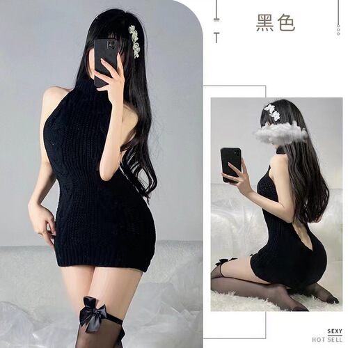 European and American sexy lingerie women's uniforms to tempt cute new girls backless ergo star sexy turtleneck knitted sweater foreign trade