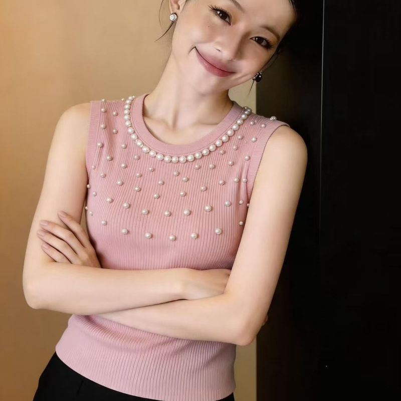La Chapelle Women's Summer New Camisole with Beaded Chanel-Style Knit Top for Layering with a Blazer