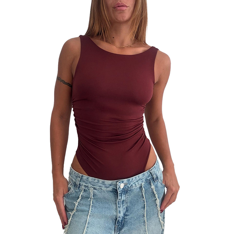 2025 europeo y americano transfronterizo simple calle chica caliente color sólido sexy todo fósforo chaleco delgado sin espalda mono mujer al por mayor