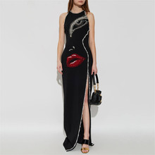 欧美跨境新款时尚烫钻钉珠派对开叉无袖绷带性感连衣裙