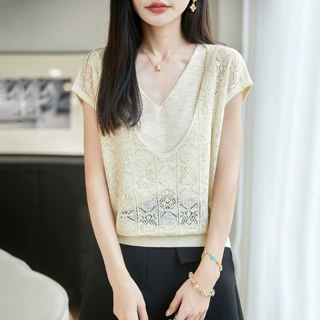 夏季2026年新款竹节麻V领针织衫短袖女纯色镂空宽松假两件打底衫