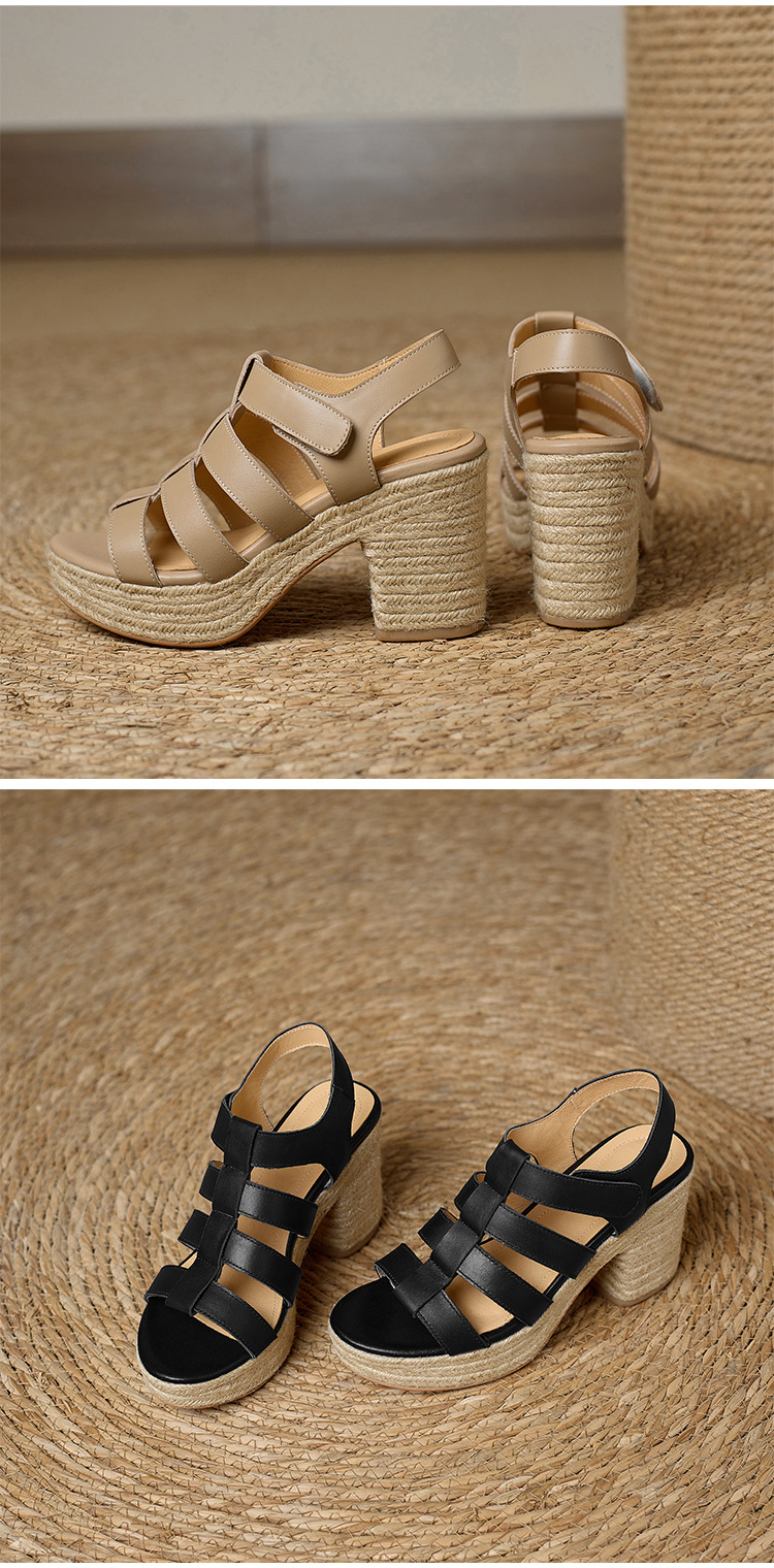 Sandal cao gót nữ hở mũi phong cách La Mã đế dày gót thô — đen chi tiết 13