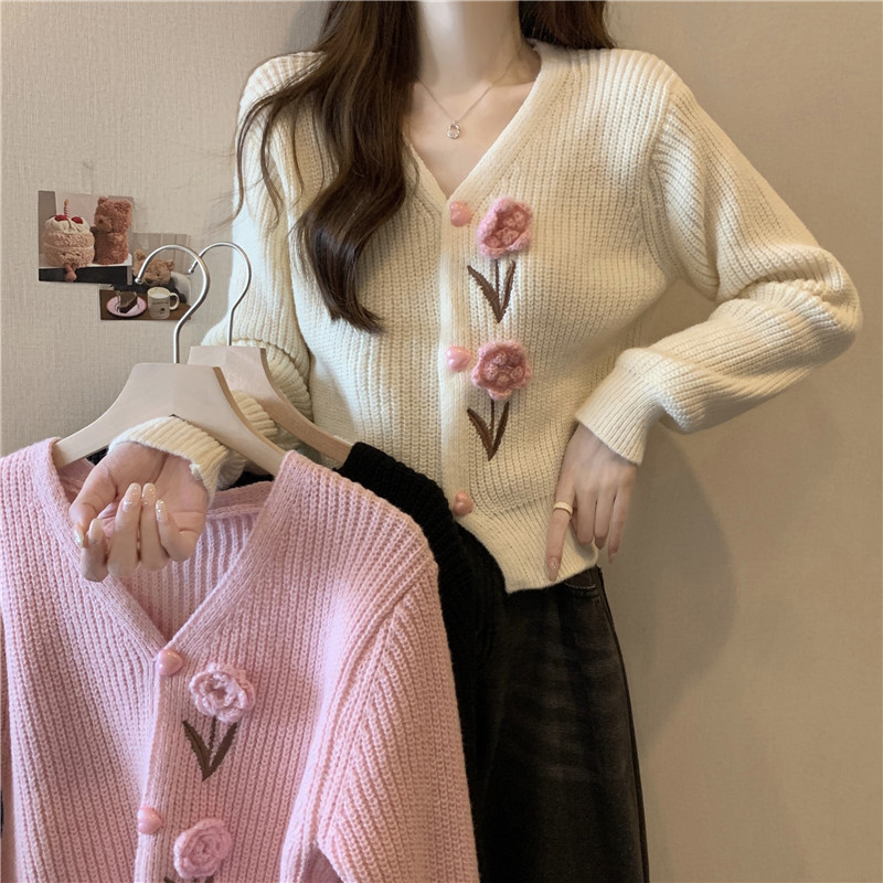 Sweet V Neck Knitted Cardigan Jacket for Women Spring, Autumn and Winter Short 2024 New Sweater Outer Wear Heavy Crochet Top Sweet V Neck Knitted Cardigan Jacket for Women Spring, Autumn and Winter Short 2024 New Sweater Outer Wear Heavy Crochet Top