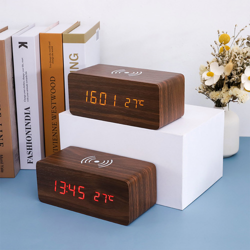 Cross-border smart LED wooden clock digital electronic alarm clock charging clock bedside wireless charging digital wood clock