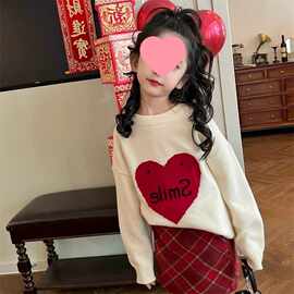 女童套头毛衣批发秋冬季中大童爱心针织女孩宽松休闲打底衫上衣」