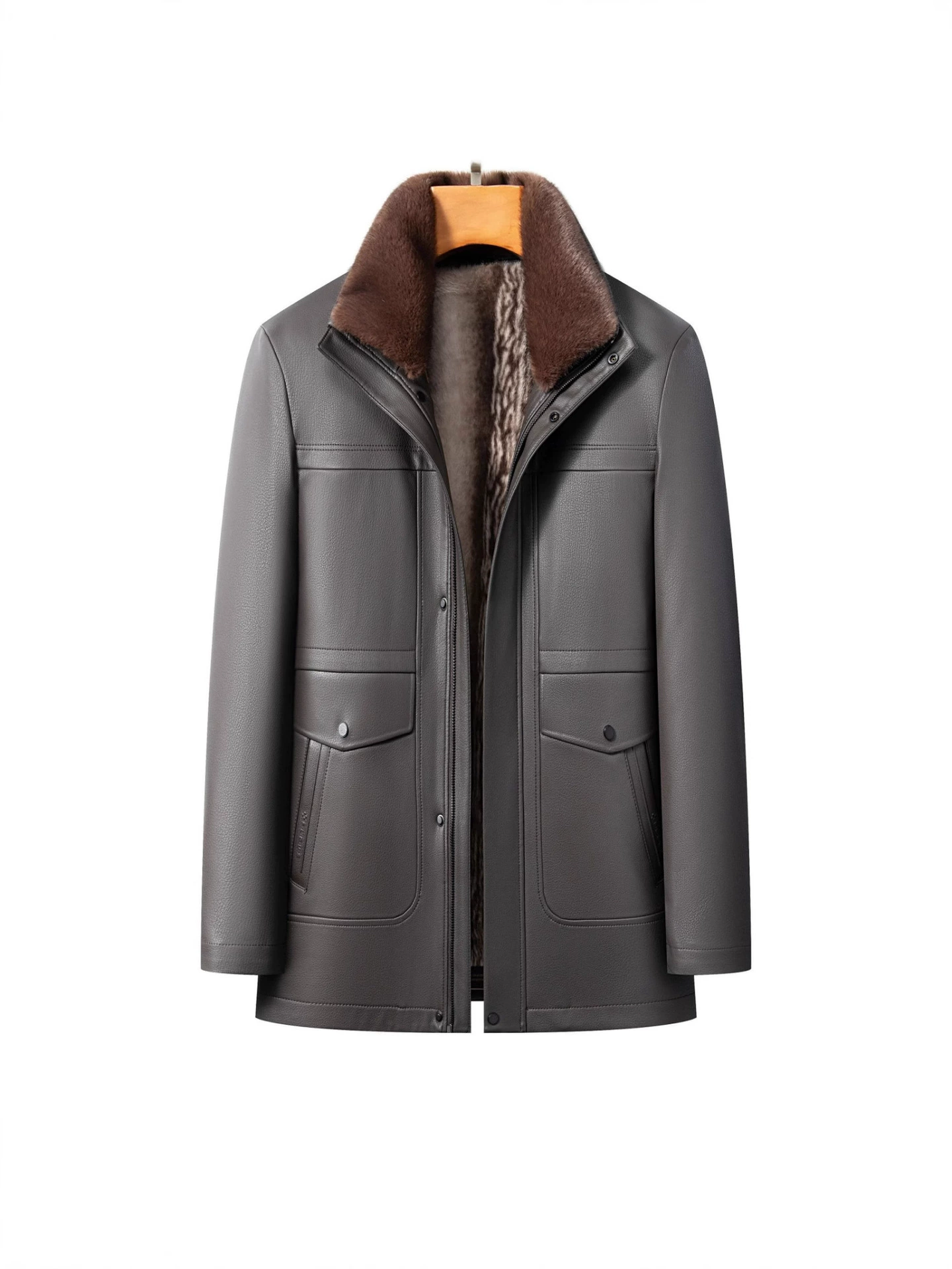 Winter warm long jacket, genuine leather, for middle-aged man, mid-length