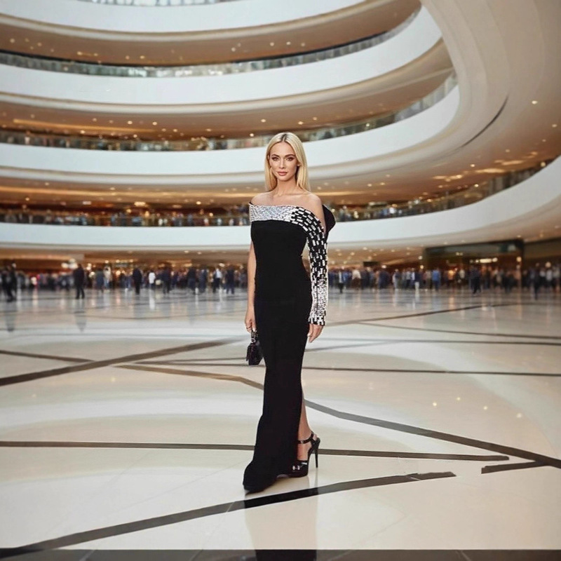 European and American Summer New Style Black Sexy and Elegant Diamond-Encrusted Tight-Fitting Mermaid Long Bandage Dress Evening Gown