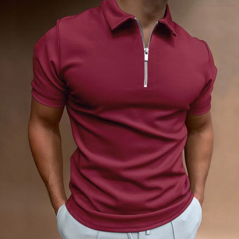 Men's Lel Casual Polo Shirt Solid Color Short-sleeved Zipper T-shirt Simple Slim-fit Top Amazon Summer Men's Wear
