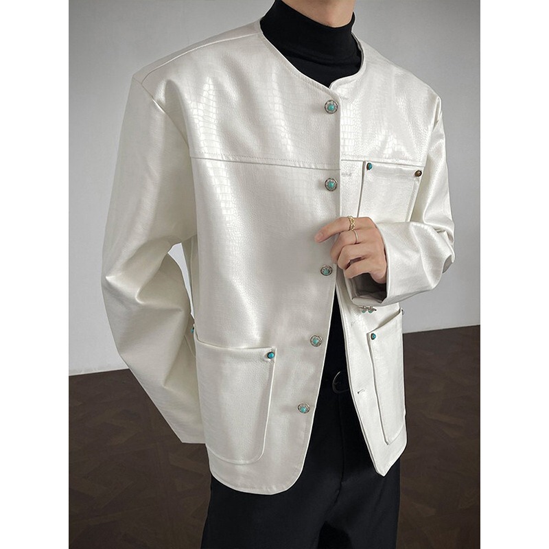 Black Crocodile Pattern Collarless Leather Jacket for Men in Autum, Trendy Brand Design, High-End Short Right Shoulder Leather Jacket