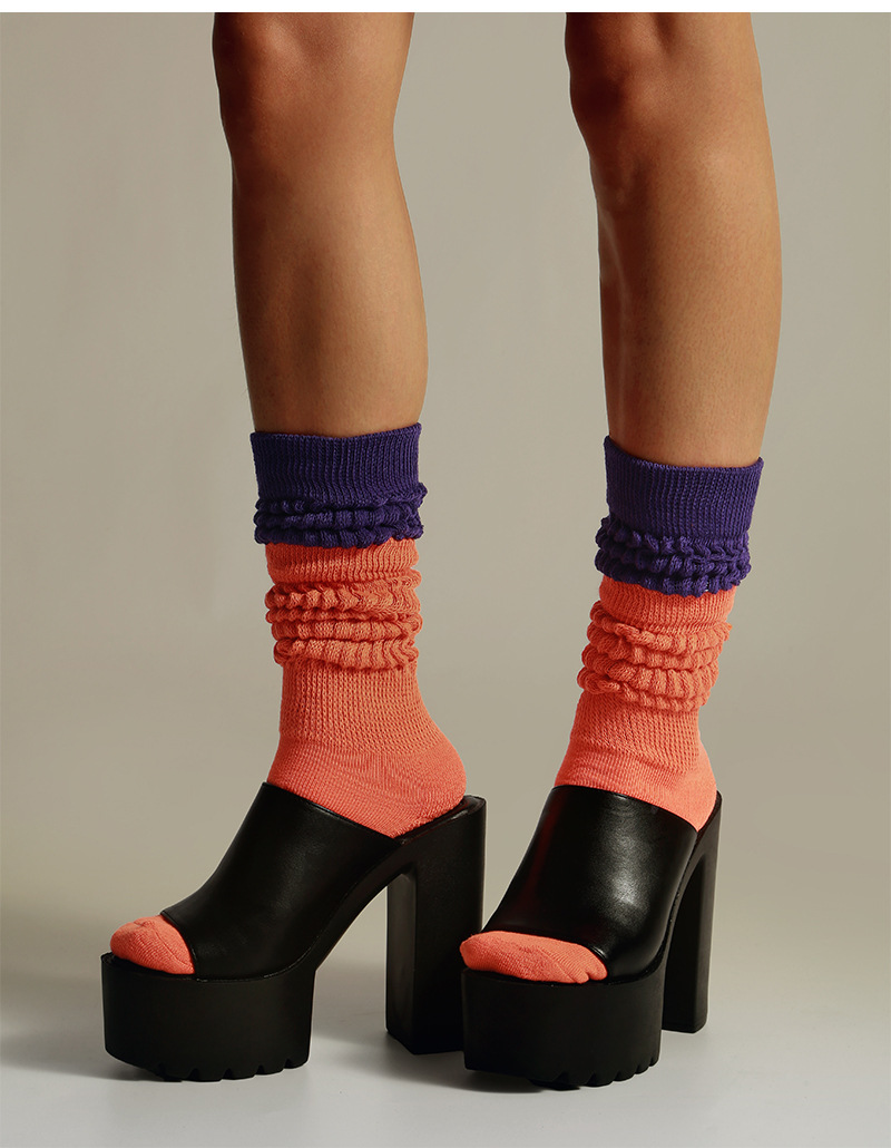 Color Block Slouch Socks Retro Mid Calf Scrunch Crew Sports Socks_voghion.com