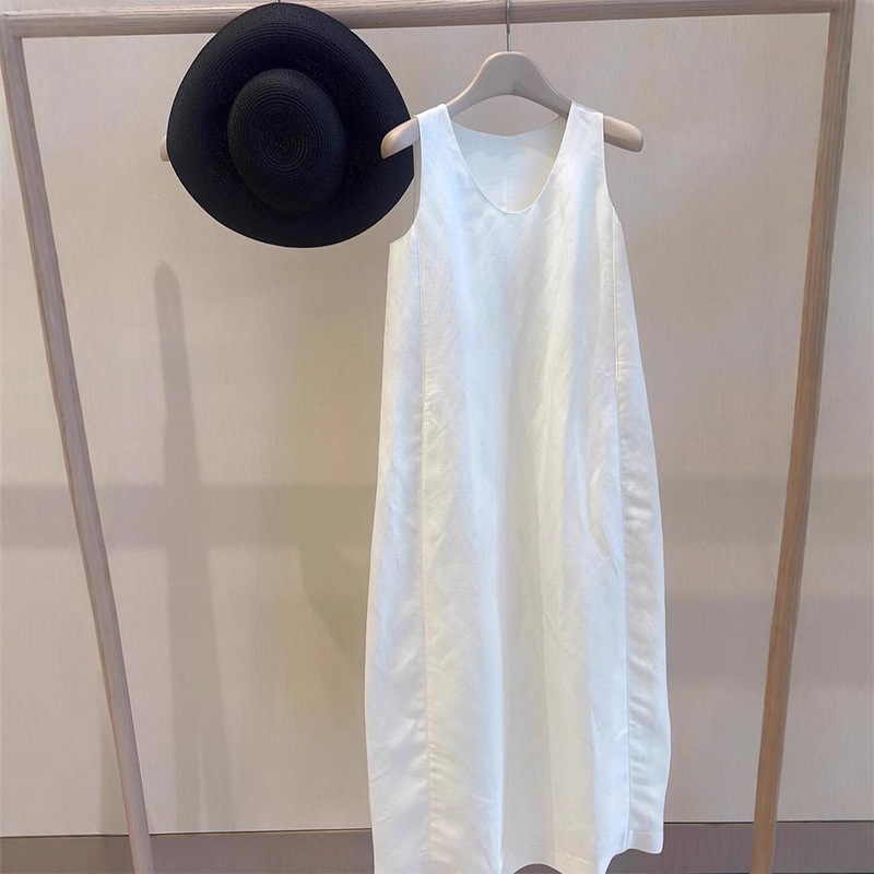Highly Recommended! Summer Vacation Must-Have! White Linen High-End Slimming U-Neck Sleeveless Dress for Women